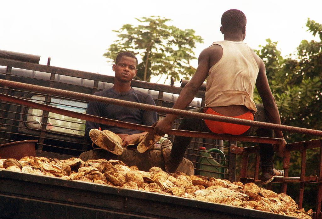 child chocolate labourers sitting on the back of a truck