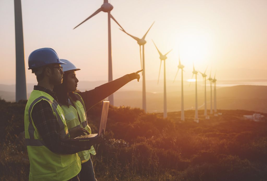 Two workers in hi vis vests, standing opposite a background of wind turbines. One worker is pointing ahead.