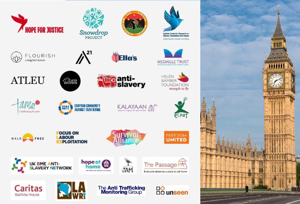 The Safety of Rwanda Act threatens survivors of modern slavery. Unseen and 27 charities urge the UK government to reconsider. Split image with left side containing the logos of all charity signatories. Right side is a picture of UK Parliament.