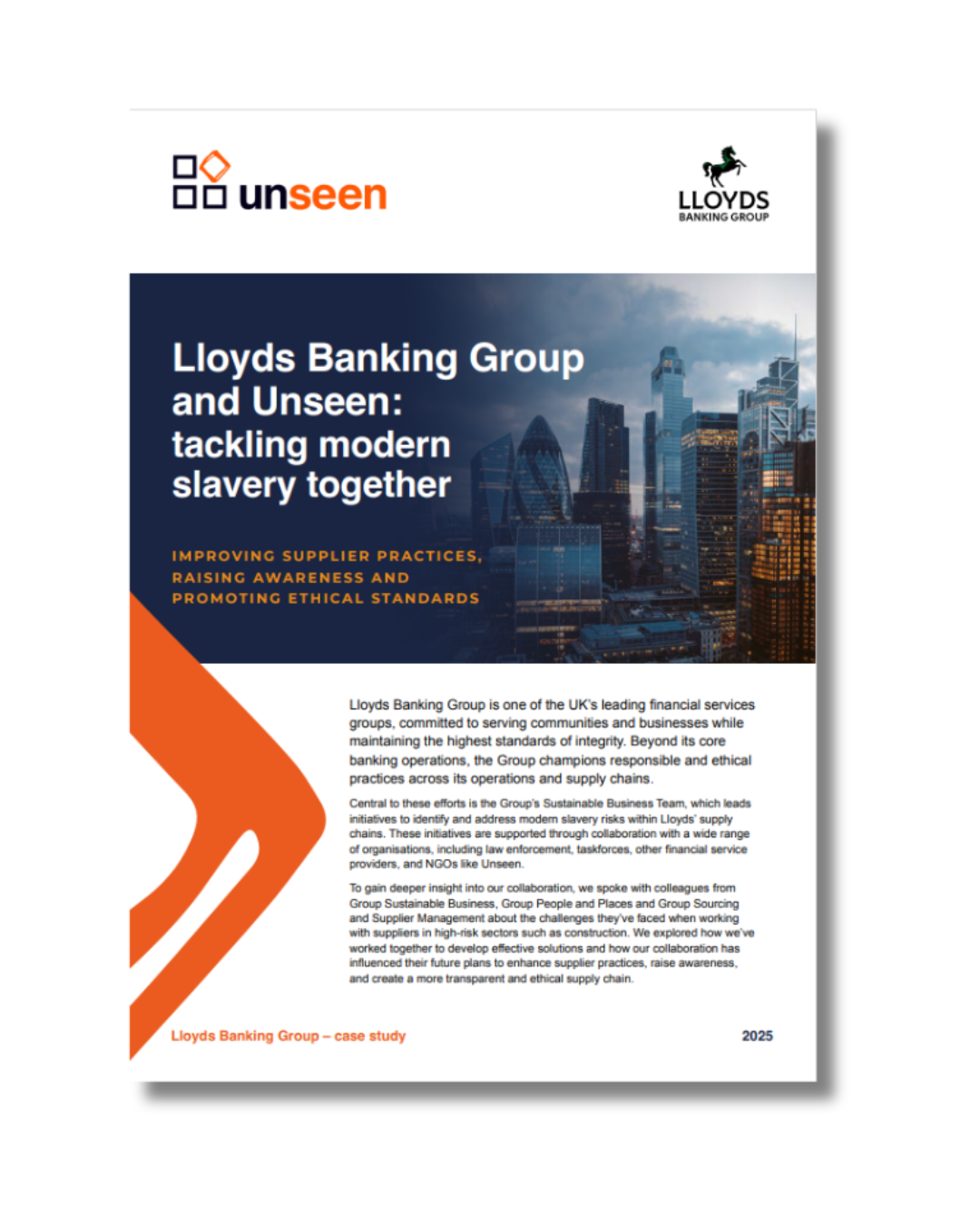 Image of London skyline with Unseen and Lloyds Banking Group logos above. Superimposed on the London financial district landscape is the title: "Lloyds and Banking Group and Unseen: tackling modern slavery together".
